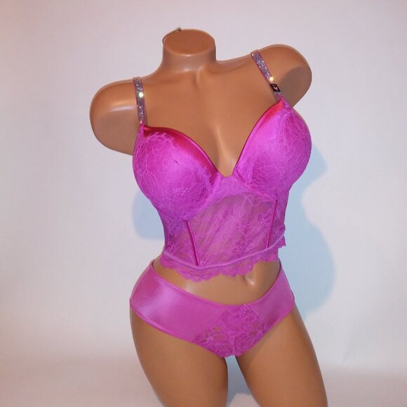 Victoria Secret Bra Set 34C Bombshell Push Up Medium Panty Shine Strap Pink Lace - Picture 3 of 16